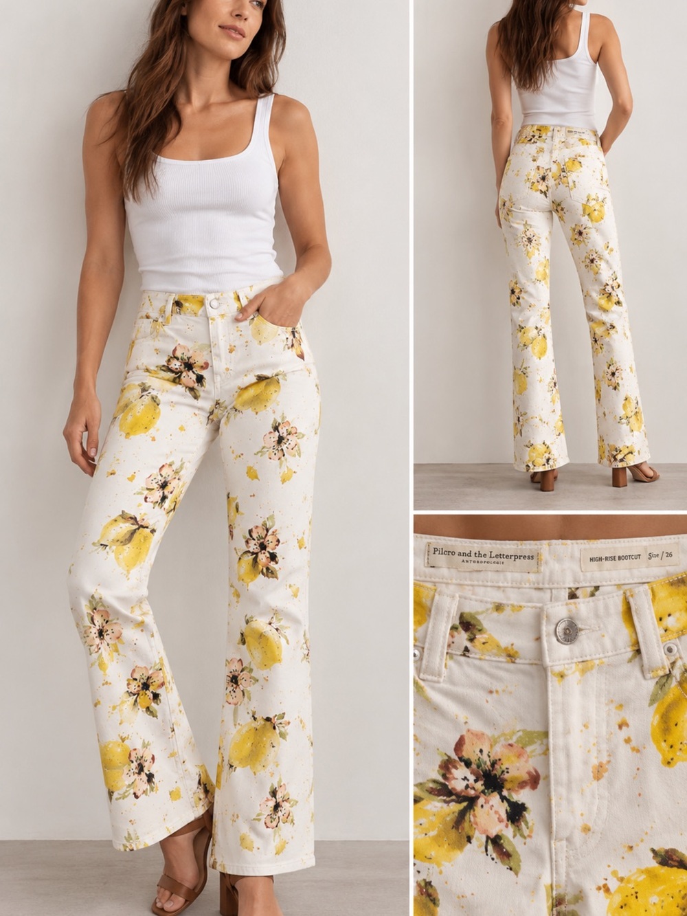 Pilcro White High-Rise Jeans with Yellow Lemon & Floral Print